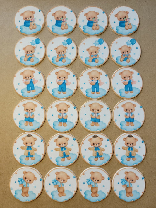 Teddy Bear Blue Edible Cupcake / Biscuit Topper Decorations Set - 24 Piece